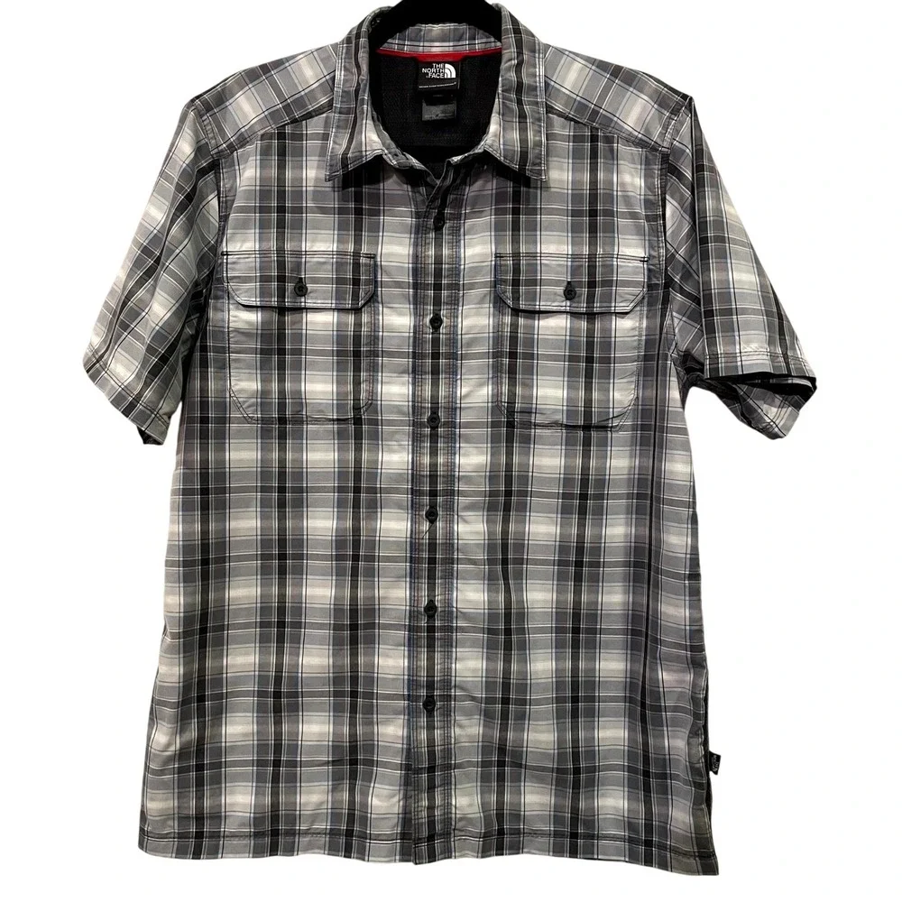 2-The North Face Plaid Short Sleeve Shirt‎ Gray Black Size M